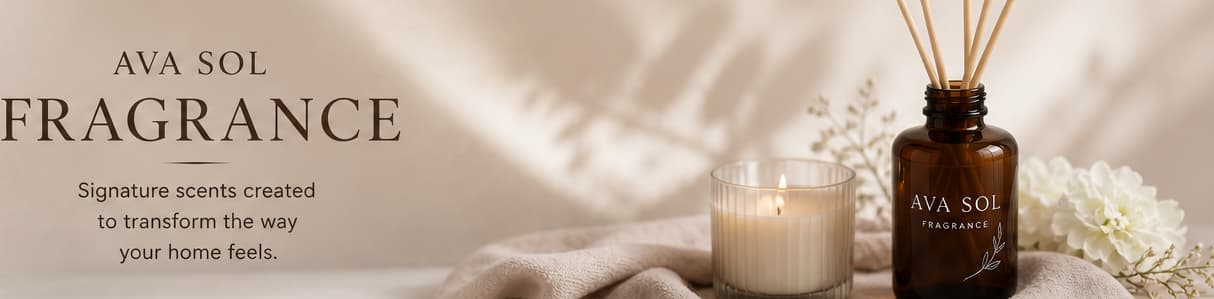 Ava Sol fragrance and candle arranged in a calm home setting
