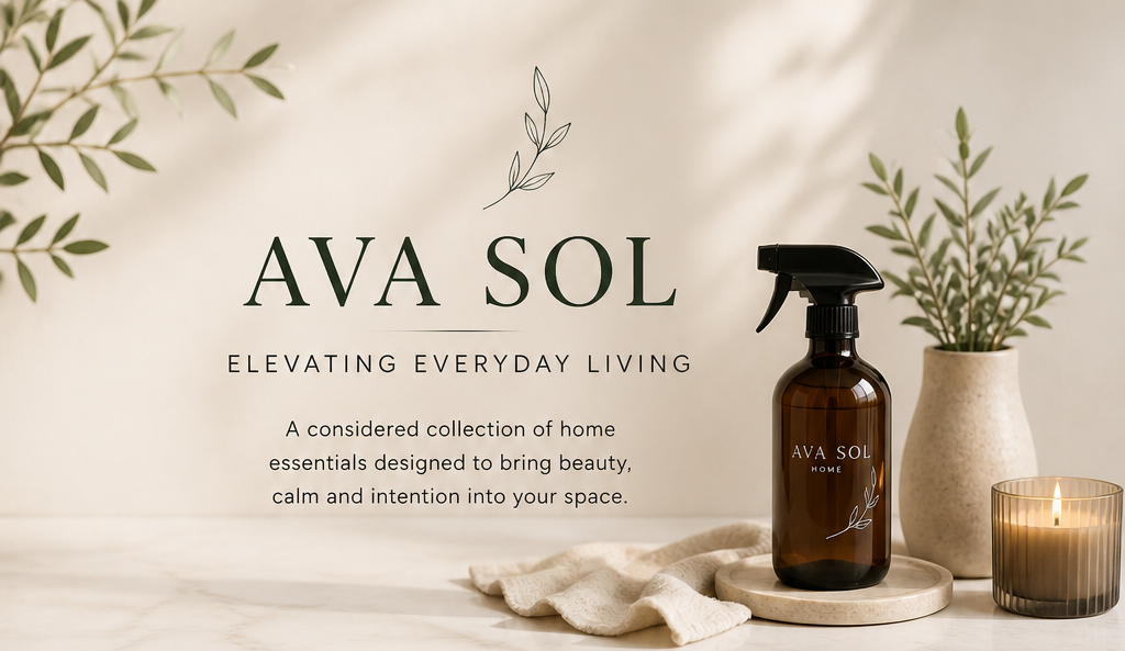 Ava Sol amber home spray styled in a calm, sunlit interior